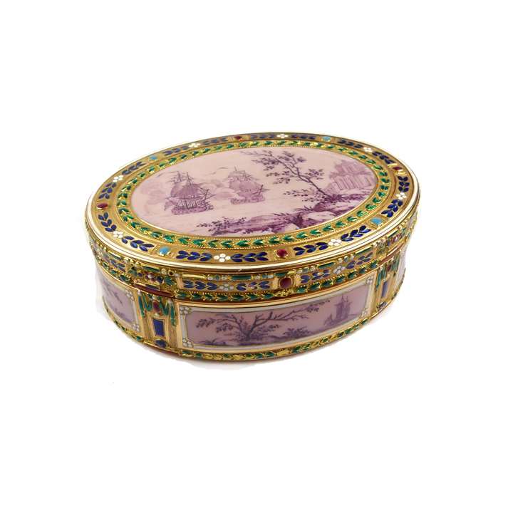 Louis XVI oval gold and enamel box with monochrome Maritime and landscape scenes